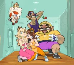 Rule 34 | 2girls, 4boys, big nose, blonde hair, brown hair, cellphone, crown, double v, earrings, facial hair, fat, fat man, fishing rod, flower, flower earrings, gloves, group picture, hat, headband, jewelry, lakitu, laughing, leotard, mario (series), mario tennis, mario tennis aces, mini crown, multiple boys, multiple girls, mustache, nintendo, pantyhose, parted lips, phil dragash, phone, pointy ears, princess daisy, princess peach, rose, shoes, sleeveless, smartphone, smile, sneakers, super mario land, tank top, thick eyebrows, toad (mario), tomboy, v, waluigi, wario, wario land, wristband