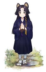 Rule 34 | 1girl, aged down, animal ears, arknights, beads, black hair, blue kimono, blush, braid, brown eyes, brown footwear, closed mouth, commentary request, dog ears, facial mark, food, food on face, forehead mark, full body, gawako, highres, japanese clothes, kimono, long hair, long sleeves, looking at viewer, palms together, parted bangs, prayer beads, rice, rice on face, saga (arknights), sandals, side braid, single braid, smile, socks, solo, standing, tabi, very long hair, white background, white socks, wide sleeves
