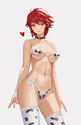 Rule 34 | 1girl, absurdres, animal print, arms at sides, bare arms, bare shoulders, bikini, blush, breasts, collar, collarbone, commentary, commission, cow print, english commentary, fire emblem, fire emblem fates, heart, highres, hinoka (fire emblem), jonbur man, large breasts, looking at viewer, micro bikini, navel, nintendo, parted lips, pixiv commission, print thighhighs, red eyes, red hair, short hair, side-tie bikini bottom, smile, solo, stomach, swimsuit, thighhighs, toned, underboob, white bikini, white thighhighs