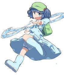 Rule 34 | 1girl, backpack, bag, bloomers, blue eyes, blue footwear, blue hair, blunt bangs, boots, dress, dress shirt, hair bobbles, hair ornament, hat, highres, kawashiro nitori, leg up, long sleeves, looking at viewer, matching hair/eyes, monosenbei, open mouth, pocket, rubber boots, shirt, short hair, simple background, skirt, skirt set, smile, solo, touhou, two side up, underwear, water, white background