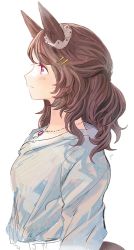 Rule 34 | 1girl, animal ears, arms at sides, blush, breasts, brown hair, closed mouth, grey shirt, hair ornament, hairclip, highres, horse ears, jewelry, light hello (umamusume), long hair, long sleeves, pendant, profile, purple eyes, rosette (roze-ko), shirt, simple background, small breasts, solo, umamusume, upper body, white background