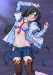Rule 34 | 10s, 1girl, black hair, blue eyes, blush, bra, breasts, cleavage, d-n, glasses, hairband, highres, hip vent, kantai collection, long hair, long sleeves, looking at viewer, navel, necktie, on bed, ooyodo (kancolle), open clothes, open mouth, school uniform, semi-rimless eyewear, serafuku, solo, thighhighs, under-rim eyewear, underwear