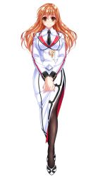 Rule 34 | 1girl, amasaka takashi, blush, breasts, brown eyes, dress, full body, highres, large breasts, legs together, long hair, looking at viewer, mariel esterido, necktie, official art, orange hair, pantyhose, side slit, smile, solo, standing, transparent background, uniform, unionism quartet, very long hair