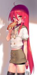 Rule 34 | 1girl, ahoge, bag, bikini, black choker, black thighhighs, blush, bow, bowtie, choker, commentary request, condom box, covered erect nipples, earrings, eating, flat chest, food, hair between eyes, heart, heart earrings, highres, holding, holding bag, holding food, hot dog, jewelry, long hair, looking at viewer, ohlia, okamoto condoms, open mouth, plastic bag, pubic tattoo, puffy short sleeves, puffy sleeves, pussy juice, red eyes, red hair, school uniform, see-through, see-through shirt, serafuku, sex toy, shakugan no shana, shana, short sleeves, skirt, solo, swimsuit, tattoo, thigh strap, thighhighs, tongue, tongue out, very long hair, vibrator, vibrator under clothes, white background