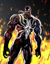 1boy alien animal_print claws dutch_angle fire highres long_tongue male_focus marvel muscular muscular_male open_mouth sharp_teeth signature solo spider-man_(series) spider_print symbiote teeth tongue venom_(marvel) very_long_tongue white_eyes yourfreakyneighbourh