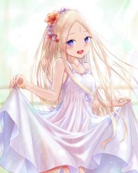 Rule 34 | 1girl, :d, abigail williams (fate), bare shoulders, blonde hair, blue eyes, blush, breasts, collarbone, curtsey, dress, fate/grand order, fate (series), flower, forehead, hair flower, hair ornament, head wreath, highres, kinom (sculpturesky), long hair, looking at viewer, open mouth, parted bangs, small breasts, smile, solo, sunlight, teeth, thighs, upper teeth only, white dress
