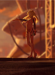 Rule 34 | 1girl, absurdres, blue eyes, blurry, blurry background, bodysuit, guweiz, highres, holding, holding microphone, interface headset, long hair, microphone, multicolored bodysuit, multicolored clothes, neon genesis evangelion, orange hair, outstretched arm, pilot suit, plugsuit, red bodysuit, skinny, solo, souryuu asuka langley, standing, steel beam
