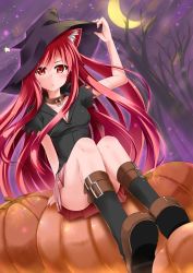 Rule 34 | 1girl, animal ears, blush, breasts, cat ears, catstudioinc (punepuni), collar, crescent moon, halloween, hat, long hair, looking at viewer, moon, night, original, pumpkin, puni (miku plus), red eyes, red hair, sitting, skirt, small breasts, solo, very long hair, witch hat