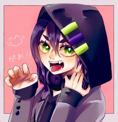 Rule 34 | 1girl, animal print, blazer, cat print, claw pose, green eyes, haraga kurumi, headphones, headphones around neck, highres, holding, holding headphones, hood, hoodie, jacket, kimi no koto ga dai dai dai dai daisuki na 100-nin no kanojo, light blush, long sleeves, open clothes, open jacket, open mouth, otani ( 6mmmmano), purple hair, sleeves past wrists, solo, tongue, tongue out, upper body