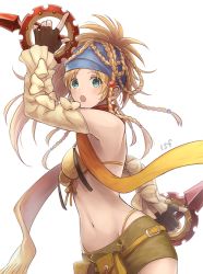 Rule 34 | 1girl, bikini, bikini top only, blonde hair, braid, breasts, commentary request, dagger, final fantasy, final fantasy x, final fantasy x-2, gloves, green eyes, groin, hair ornament, headband, knife, long hair, looking at viewer, navel, open mouth, rikku (ff10), sasanomesi, scarf, simple background, skirt, solo, square enix, swimsuit, thief, thong, thong bikini, weapon, white background