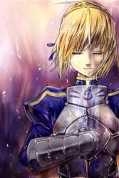 Rule 34 | 1girl, ahoge, armor, armored dress, artoria pendragon (fate), blonde hair, closed eyes, fate/stay night, fate (series), gauntlets, hair ribbon, highres, invisible air (fate), milysnow, puffy sleeves, ribbon, saber (fate), solo, sword, weapon