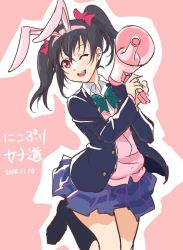 Rule 34 | 10s, 1girl, ;d, animal ears, black hair, blazer, dated, hair between eyes, hairband, jacket, long sleeves, looking at viewer, love live!, love live! school idol project, megaphone, one eye closed, open mouth, outline, pink background, rabbit ears, red eyes, school uniform, simple background, skirt, smile, solo, song name, tetopetesone, twintails, white outline, yazawa nico