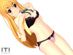 Rule 34 | 1girl, 3d, artist name, blonde hair, blue eyes, blush, bra, breasts, cleavage, clothes lift, eyebrows, itistudio, k-on!, kotobuki tsumugi, lace, lace-trimmed bra, lace-trimmed panties, lace trim, long hair, looking at viewer, navel, panties, pink panties, school uniform, shirt lift, simple background, solo, sweater vest, underwear, white background