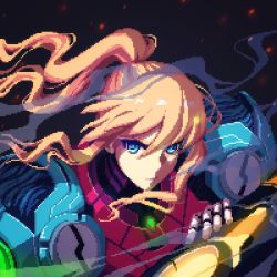 Rule 34 | 1girl, arm cannon, armor, blonde hair, blue eyes, highres, ioruko, long hair, looking at viewer, metroid, metroid dread, mole, mole under mouth, nintendo, ponytail, power armor, samus aran, science fiction, simple background, solo, upper body, varia suit, weapon