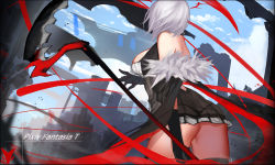 Rule 34 | 1girl, bad id, bad pixiv id, breasts, from behind, large breasts, looking away, pixiv fantasia, pixiv fantasia t, scythe, see-through, short hair, silver hair, solo, thong, xiaoshou xiansheng