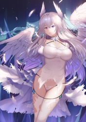 Rule 34 | 1girl, absurdres, angel wings, bad id, bad pixiv id, breasts, cleavage, detached collar, dress, feathers, full body, hair ornament, hair wings, head wings, highres, large breasts, long hair, looking at viewer, panties, purple eyes, rinmmo, sdorica, silver hair, solo, standing, thighhighs, thighs, torn clothes, torn panties, torn thighhighs, underwear, very long hair, white dress, white feathers, white panties, white thighhighs, wings
