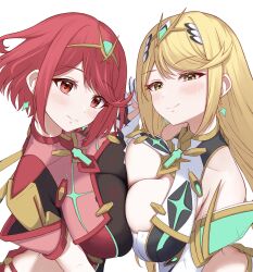 Rule 34 | 2girls, bare shoulders, blonde hair, blush, breast press, breasts, chest jewel, cleavage, dress, earrings, elbow gloves, gloves, headpiece, highres, holding hands, interlocked fingers, jewelry, large breasts, long hair, looking at viewer, multiple girls, mythra (xenoblade), pyra (xenoblade), red eyes, red hair, short hair, smile, swept bangs, symmetrical docking, taro (peach taro51), tiara, very long hair, xenoblade chronicles (series), xenoblade chronicles 2, yellow eyes