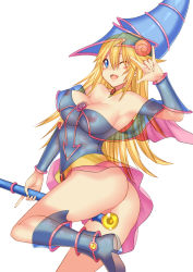 Rule 34 | 1girl, \m/, ass, bad id, blonde hair, blue eyes, blue footwear, blush stickers, boots, breasts, cleavage, daive, dark magician girl, duel monster, duplicate, fang, hat, highres, large breasts, long hair, nipples, no panties, nude, one eye closed, pentacle, pentagram, scepter, see-through, simple background, solo, wand, wink, wizard hat, yu-gi-oh!, yu-gi-oh! duel monsters