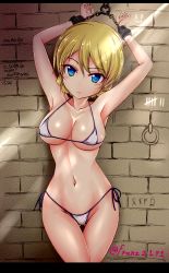 Rule 34 | 10s, 1girl, against wall, armpits, arms up, bad id, bad nicoseiga id, bare arms, bare shoulders, bdsm, bikini, blonde hair, blue eyes, bondage, bound, braid, breasts, brick wall, chain, cleavage, closed mouth, collarbone, cuffs, darjeeling (girls und panzer), franz (217franz), french braid, frown, girls und panzer, gluteal fold, groin, head tilt, highres, large breasts, light rays, looking at viewer, micro bikini, navel, restrained, shackled, shackles, shiny skin, side-tie bikini bottom, smiley face, solo, standing, stomach, strap gap, sweat, sweatdrop, swimsuit, tally, text focus, thigh gap, white bikini