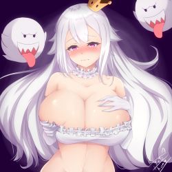Rule 34 | 1girl, absurdres, bandeau, bare shoulders, blush, breasts, choker, cleavage, commentary, crown, dress, frills, gloves, hair between eyes, highres, huge breasts, huge filesize, long hair, looking at viewer, lovesexieie, luigi&#039;s mansion, mario (series), new super mario bros. u deluxe, nintendo, open mouth, pale skin, pink eyes, princess king boo, sharp teeth, signature, sleeveless, strapless, super crown, tearing up, teeth, tongue, tongue out, white choker, white dress, white gloves, white hair