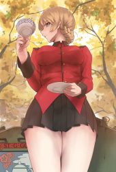Rule 34 | 10s, 1girl, blonde hair, blue eyes, braid, churchill (tank), cup, darjeeling (girls und panzer), den (kur0 yuki), from below, girls und panzer, impossible clothes, jacket, looking down, military, military jacket, military vehicle, miniskirt, motor vehicle, outdoors, pleated skirt, profile, saucer, single braid, skirt, solo, standing, tank, thigh gap, thighs, tray, unifrm