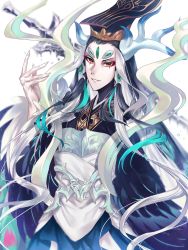 Rule 34 | 1boy, ahoge, androgynous, blue hair, chinese clothes, eyeshadow, fate/grand order, fate (series), forehead jewel, hat, highres, long hair, looking at viewer, makeup, multicolored hair, muneomon (takomon), red eyes, shi huang di (fate), shi huang di (third ascension) (fate), smile, solo, sword, two-tone hair, very long hair, weapon, white background, white hair