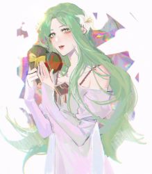 Rule 34 | 1girl, bare shoulders, box, box of chocolates, closed mouth, crown, dress, female focus, fire emblem, fire emblem: three houses, flower, green eyes, green hair, hair flower, hair ornament, heart-shaped box, highres, holding, long hair, looking at viewer, matching hair/eyes, nintendo, off-shoulder dress, off shoulder, painfulred, parted bangs, parted lips, portrait, rhea (fire emblem), ribbon, sidelocks, simple background, solo, tiara, upper body, white background, white dress
