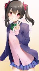Rule 34 | 1girl, absurdres, blue jacket, blue skirt, blush, bow, breasts, collared shirt, commentary, cowboy shot, double-parted bangs, floral background, green bow, grin, hair between eyes, hair bow, hand up, happy, highres, jacket, looking at viewer, love live!, medium hair, miniskirt, nakano maru, open clothes, open jacket, pink sweater, pleated skirt, red bow, red eyes, school uniform, shirt, sidelocks, simple background, skirt, sleeves past wrists, small breasts, smile, solo, standing, sweater, twintails, v, white shirt, yazawa nico, yellow background