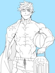 Rule 34 | 10s, 1boy, ;p, abs, ball, beachball, blue background, carrying, carrying under arm, cooler, cowboy shot, drawstring, granblue fantasy, groin, looking at viewer, mabataki, male focus, male swimwear, muscular, one eye closed, partially colored, short hair, simple background, smile, solo, swim trunks, swimsuit, tongue, tongue out, vane (granblue fantasy)