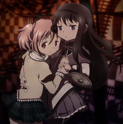 Rule 34 | 10s, 2girls, akemi homura, anime coloring, bagoflimbs, black hair, blush, dark, flauschtraut, hairband, hand on another&#039;s chest, hand on own hip, holding hands, hug, kaname madoka, long hair, magical girl, mahou shoujo madoka magica, mahou shoujo madoka magica (anime), md5 mismatch, multiple girls, official style, pantyhose, pink hair, purple eyes, railroad tracks, resized, resolution mismatch, school uniform, shield, short hair, source larger, twintails, witch&#039;s labyrinth