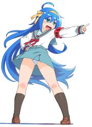 Rule 34 | 1girl, :d, ahoge, aqua sailor collar, aqua skirt, blue hair, brown footwear, cosplay, full body, green eyes, hair between eyes, hairband, hand on own hip, highres, izumi konata, kogaku kazuya, loafers, long hair, looking away, lucky star, mole, mole under eye, open mouth, outstretched arm, panties, pointing, pointing to the side, sailor collar, school uniform, serafuku, shoes, simple background, skirt, smile, socks, solo, standing, striped clothes, striped panties, striped socks, suzumiya haruhi, suzumiya haruhi (cosplay), suzumiya haruhi no yuuutsu, underwear, very long hair, white background, yellow hairband