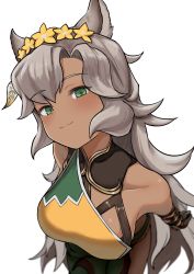 Rule 34 | 1girl, animal ears, bare shoulders, breasts, closed mouth, collarbone, commentary request, dark-skinned female, dark skin, erune, flower, from above, granblue fantasy, green eyes, grey hair, hair flower, hair ornament, highres, long hair, looking at viewer, looking up, medium breasts, nemone, nosuku, simple background, smile, solo, very long hair, white background, yellow flower