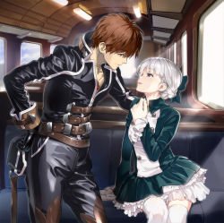 Rule 34 | 1boy, 1girl, alice elliot, brown hair, closed mouth, dress, gloves, jewelry, manly, necklace, nyoro (nyoronyoro000), shadow hearts, short hair, silver hair, skirt, smile, thighhighs, white thighhighs, yuri hyuga