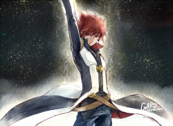Rule 34 | 1boy, arm up, artist name, belt, closed mouth, coat, commentary request, copyright name, dated, eyes visible through hair, garo:honoo no kokuin, garo (series), glowing, hair between eyes, kanten sachi, leon luis, looking at viewer, male focus, pants, red eyes, red hair, serious, short hair, solo, spiked hair, standing, trench coat