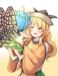 Rule 34 | 2girls, antennae, arms up, barefoot, blonde hair, blue hair, blush, butterfly wings, chinese commentary, commentary request, cowboy shot, detached sleeves, eternity larva, from behind, gradient background, green skirt, hair between eyes, hat, highres, insect wings, leaf, leaf on head, lifting person, light blue hair, long hair, long sleeves, looking at another, matara okina, multiple girls, open mouth, orange eyes, reaching, shirt, short sleeves, skirt, tabard, touhou, twitter username, white shirt, wings, yu cha