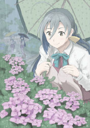 Rule 34 | 10s, 3girls, ahoge, asashimo (kancolle), blue bow, blue bowtie, blurry, boots, bow, bowtie, brown eyes, brown footwear, building, bush, closed mouth, cloud, cloudy sky, collared shirt, depth of field, flower, grey legwear, hair between eyes, hair over one eye, hand on own knee, hayashimo (kancolle), highres, holding, holding umbrella, house, hydrangea, kantai collection, kiyoshimo (kancolle), knee boots, leaf, long hair, long sleeves, looking back, multiple girls, outdoors, pantyhose, plant, polka dot, polka dot umbrella, rain, red vest, shirt, silver hair, sky, smile, squatting, standing, umbrella, vent arbre, very long hair, vest, water, white shirt, wing collar