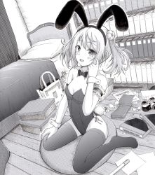 Rule 34 | 1girl, absurdres, animal ears, armband, bag, bed, book, bookshelf, bow, bowtie, box, camera, curtains, detached collar, double bun, fake animal ears, fake tail, greyscale, h2 (h20000000), hair bun, hairband, highres, kantai collection, leotard, magazine (object), michishio (kancolle), monochrome, no shoes, open mouth, paper, playboy bunny, rabbit ears, rabbit tail, sitting, smile, solo, strapless, strapless leotard, tail, thighhighs, traditional bowtie, twintails, wariza, wooden floor, wrist cuffs
