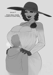 Rule 34 | 1boy, 1girl, alcina dimitrescu, breast smother, breasts, capcom, cleavage, commentary, dress, english commentary, english text, ethan winters, face to breasts, fangs, flower, gigantic breasts, gloves, grey background, greyscale, hat, heavy breathing, height difference, highres, implied erection, jewelry, krekkov, long dress, makeup, mascara, mature female, monochrome, necklace, pearl necklace, rape face, resident evil, resident evil village, short hair, simple background, size difference, sun hat, sweat, sweatdrop, tall female, taller female, teeth, upper teeth only, vampire, wide hips, you gonna get raped