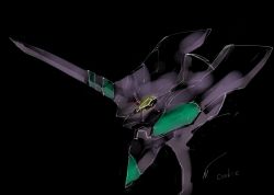 Rule 34 | black background, eva 01, from side, head only, highres, horns, kuroiwa cookie, looking ahead, mecha, neon genesis evangelion, no humans, robot, science fiction, single horn, solo, yellow eyes