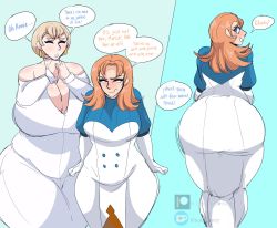 Rule 34 | 2girls, annette fantine dominic, ass, ass envy, blonde hair, bluueygooey, breast envy, breasts, cleavage, dress, fire emblem, fire emblem: three houses, gigantic breasts, gloves, highres, huge ass, huge breasts, large breasts, looking back, mercedes von martritz, multiple girls, nintendo, orange hair, plump, squinting, tagme, thick thighs, thighs, wide hips