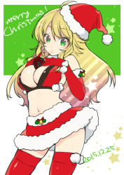 Rule 34 | 1girl, ahoge, bell, between breasts, blonde hair, blush, box, breasts, christmas, cleavage, dated, elbow gloves, female focus, fur trim, gift, gift box, gloves, green eyes, hands on own chest, hat, hoshii miki, idolmaster, idolmaster (classic), large breasts, long hair, looking at viewer, merry christmas, red gloves, red thighhighs, santa costume, santa hat, skirt, solo, star (symbol), sumeragi kohaku, thighhighs, zettai ryouiki
