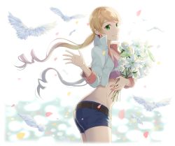Rule 34 | 1girl, ass, bad id, bad pixiv id, bird, blonde hair, bouquet, closed mouth, crop top, cropped jacket, denim, denim shorts, feathers, flower, from side, green eyes, gundam, gundam tekketsu no orphans, hip focus, holding, holding bouquet, iincho (airi8751), lafter frankland, long hair, looking at viewer, midriff, nail polish, petals, pink nails, short shorts, shorts, smile, solo, thighs, twintails, waving