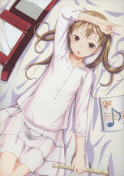 Rule 34 | 1girl, absurdres, arm up, backpack, bag, blush, book, brown eyes, brown hair, collarbone, flat chest, flute, from above, highres, holding, holding flute, holding instrument, instrument, leaf, long hair, long sleeves, looking at viewer, lying, maple leaf, musical note, on back, open book, open mouth, original, randoseru, recorder, scan, shirt, skirt, sody, solo, twintails, white shirt, white skirt