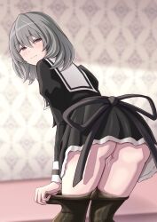Rule 34 | 1girl, ass, assault lily, black pantyhose, black skirt, blurry, blurry background, blush, chin gero, clothes pull, commentary request, cropped jacket, cum, cum in pussy, cumdrip, feet out of frame, from behind, grey hair, hair between eyes, half-closed eyes, hata matsuri, high-waist skirt, highres, implied after sex, indoors, juliet sleeves, leaning forward, light smile, long sleeves, looking at viewer, looking back, medium hair, no panties, pantyhose, pantyhose pull, puffy sleeves, pulling own clothes, purple eyes, school uniform, skirt, solo, standing, yurigaoka girls academy school uniform