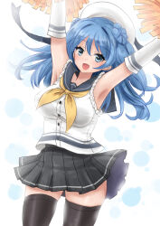 Rule 34 | 1girl, arms up, beret, black thighhighs, blue background, blue eyes, blue hair, blush, breasts, double bun, elbow gloves, gloves, hair bun, hat, kantai collection, kitagawa mikio, large breasts, long hair, looking at viewer, neckerchief, open mouth, pleated skirt, pom pom (cheerleading), sailor hat, school uniform, serafuku, skirt, sleeves past elbows, sleeves rolled up, smile, solo, thighhighs, urakaze (kancolle), white background, white gloves, white hat, yellow neckerchief