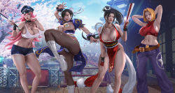 Rule 34 | 4girls, black hair, blonde hair, blue mary, breasts, capcom, chun-li, crossover, double bun, fatal fury, final fight, hair bun, highres, large breasts, long hair, multiple girls, outdoors, pink hair, poison (final fight), ponytail, shiranui mai, short hair, snk, street fighter, tagme, the king of fighters, xixi (xixihenlan ing)