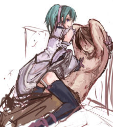 Rule 34 | 1boy, 1girl, advance wars, advance wars: days of ruin, arms behind head, assertive female, bdsm, blue eyes, bondage, bound, clothes lift, detached sleeves, faceless, faceless male, femdom, garter straps, gloves, green hair, hair ribbon, highres, panties (pantsu-pirate), ribbon, short twintails, skirt, skirt lift, straddling, tabitha (advance wars), thighhighs, topless, twintails, upright straddle