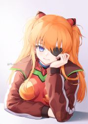Rule 34 | 1girl, blue eyes, bodysuit, breasts, brown jacket, closed mouth, commentary, eyepatch, gradient background, grey background, hair between eyes, hand up, jacket, light smile, long hair, long sleeves, looking at viewer, medium breasts, neon genesis evangelion, open clothes, open jacket, orange hair, plugsuit, pong (vndn124), puffy long sleeves, puffy sleeves, rebuild of evangelion, red bodysuit, solo, souryuu asuka langley, track jacket, twitter username, two side up, upper body