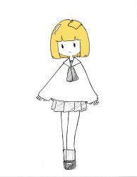 Rule 34 | 1girl, absurdres, ascot, blonde hair, blunt bangs, bob cut, closed mouth, food, food on head, full body, greyscale, highres, legs together, long sleeves, looking at viewer, medium hair, miniskirt, mixed media, monochrome, noise (n0ls3), object on head, original, ribbed socks, sailor collar, sailor shirt, school uniform, serafuku, shirt, shoes, simple background, sketch, skirt, sliced cheese, smile, solo, spot color, standing, traditional media, white background