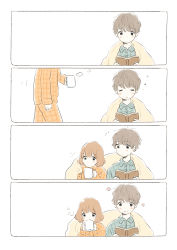 Rule 34 | 1boy, 1girl, 4koma, ^^^, absurdres, arm at side, blanket, blue shirt, blush, book, brown hair, closed mouth, collared shirt, comic, couple, cup, drink, drinking, expressionless, closed eyes, flower, hand up, hands up, happy, hetero, highres, holding, holding book, holding cup, itunohika, light brown hair, looking at another, looking away, looking down, motion lines, mug, open book, orange shirt, original, pajamas, pants, plaid, plaid shirt, reading, shirt, short hair, silent comic, simple background, sleepy, smile, tareme, walking, wavy hair, white background